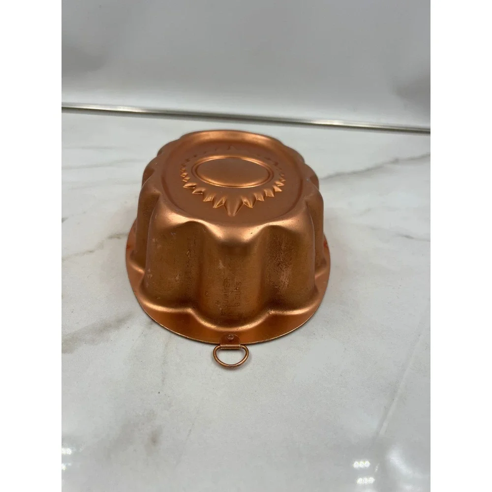 Vintage Copper Sunburst Jello Mold 3 Cup Oval Scalloped Wall Decor Hanging Pan